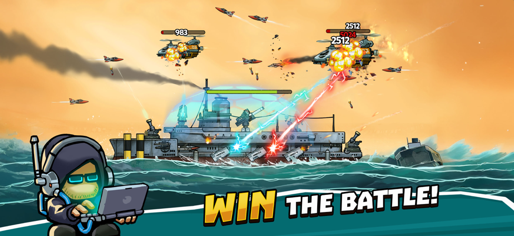 High Seas Hero - A battleship defending against aircraft with energy shields during a sea battle with the text Win the Battle