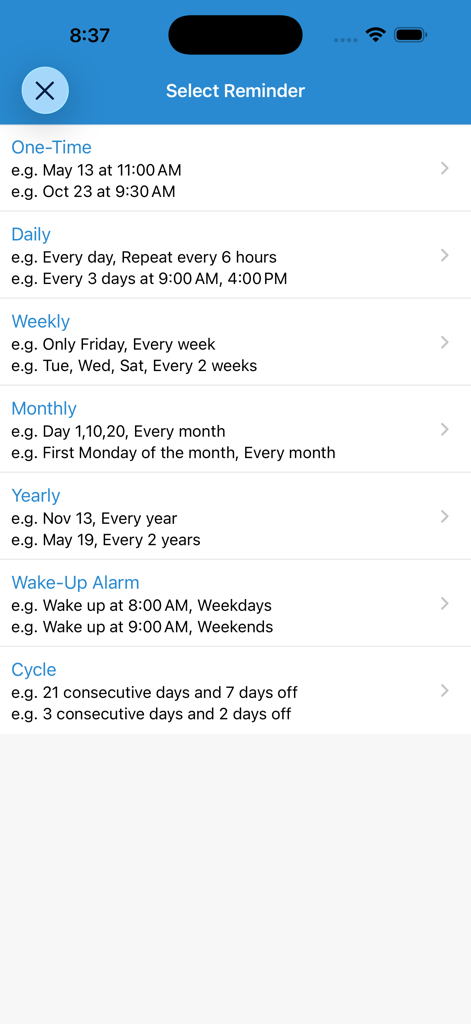 Interface for selecting reminder types including daily, monthly, and custom cycle alerts