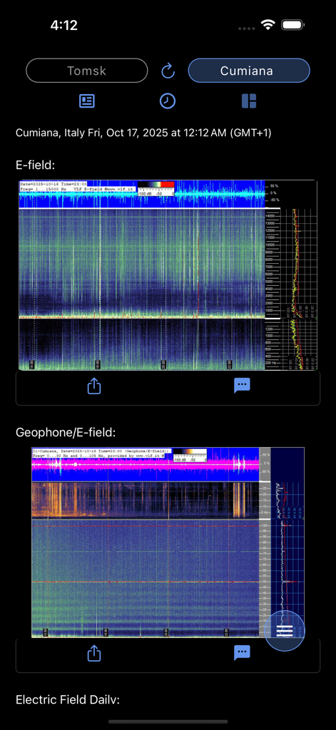 Schumann Resonance app interface showing E-field and Geophone spectrograms for Cumiana Italy