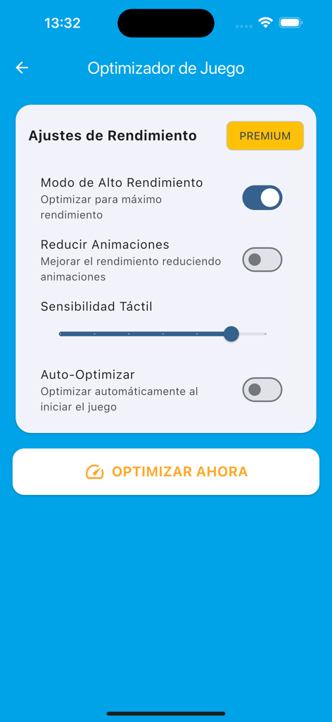 La interfaz de configuración de rendimiento de la aplicación Macro de las Bolitas Azules mostrando opciones de optimización de juegos.