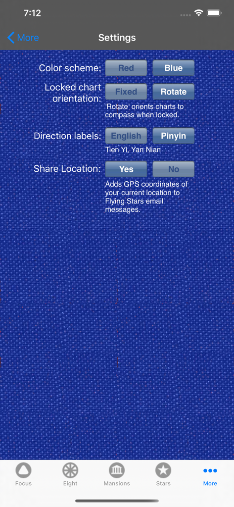 Feng Shui Life Compass - Der Einstellungsbildschirm der Feng Shui Lebenskompass-App mit Optionen für Farbschema und Richtungsbeschriftungen.