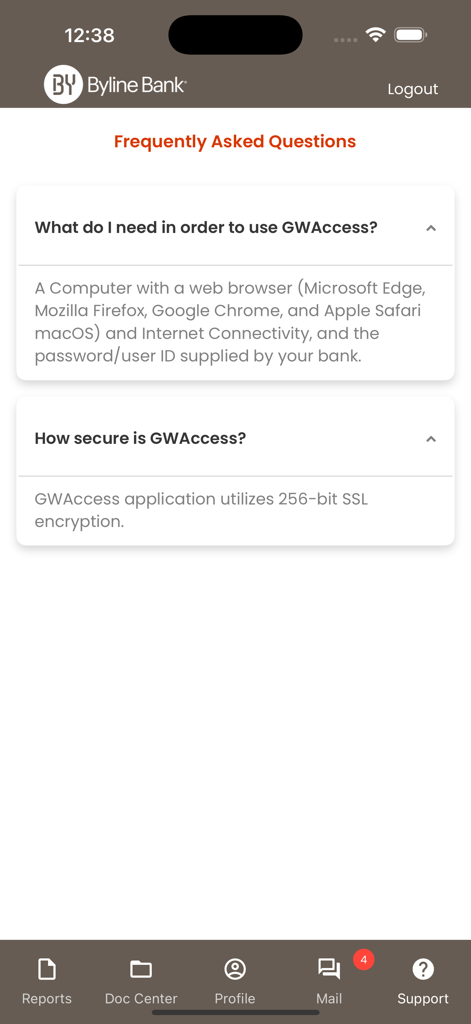 Byline Bank Wealth Mobile - Frequently Asked Questions screen on the Byline Bank Wealth Mobile app showing security and access information.