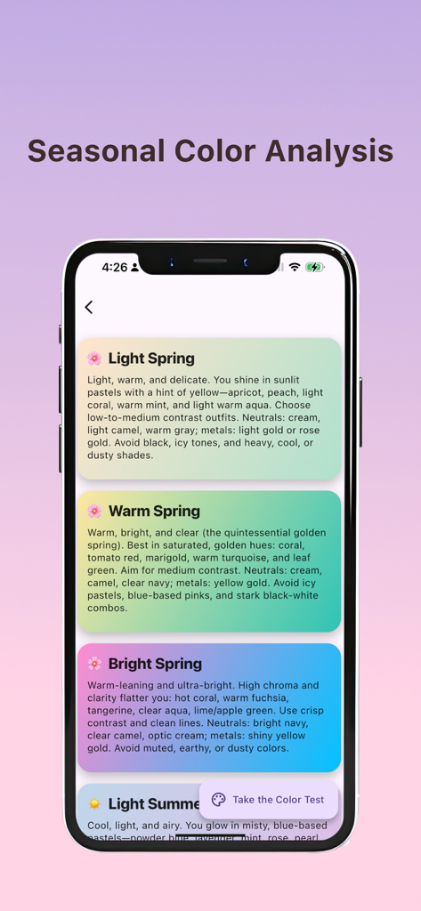Seasonal color analysis categories in the My Color Palette app