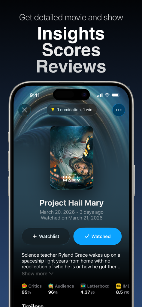 Binge: Movies and Shows - Información detallada de películas y puntuaciones agregadas de múltiples plataformas en la aplicación Binge