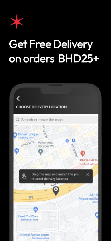 A&E Shop - Alcohol Delivery - AE Shop app showing delivery location map and free delivery banner