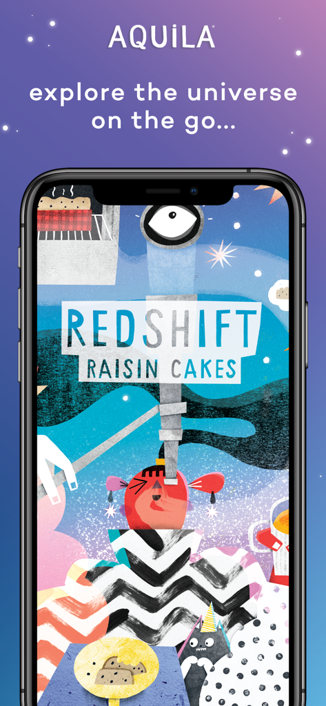 Aquila Childrens Magazine app interface with the slogan explore the universe on the go and an artistic illustration