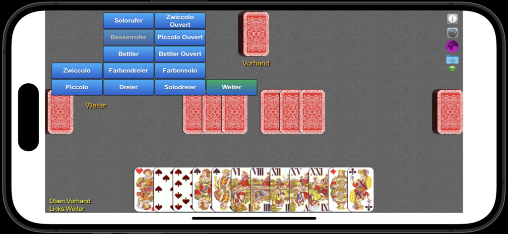 Tarock - Königrufen - Gameplay-Screenshot von Tarock Königrufen, der eine Hand traditioneller Karten und das Gebotsmenü auf einem Mobilgerät zeigt.