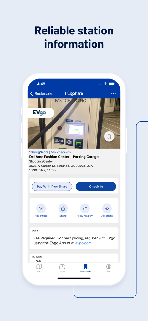 PlugShare app interface showing detailed electric vehicle charging station information and user check-ins