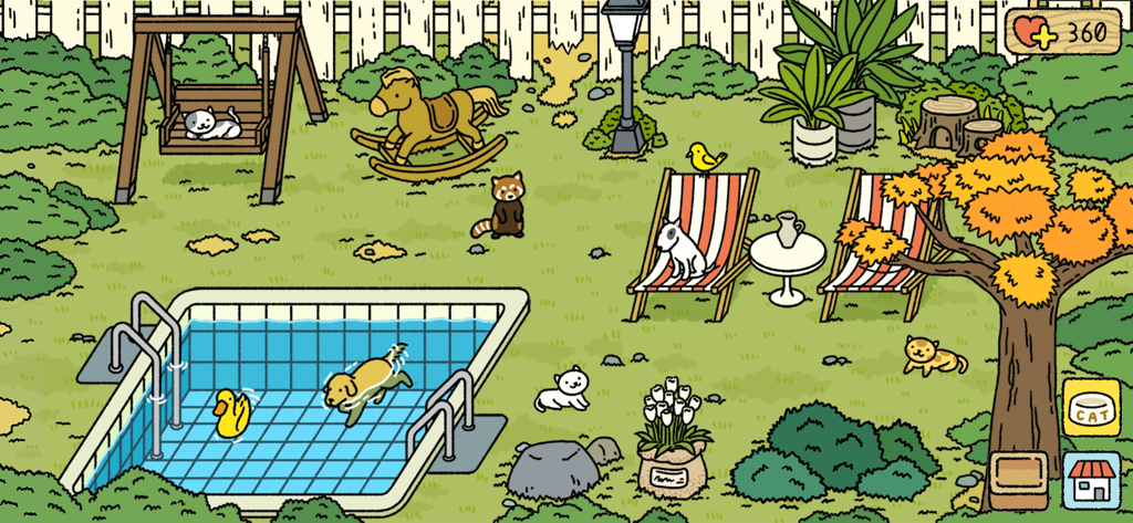 Adorable Home - A cozy hand drawn garden in Adorable Home featuring a swimming pool with pets and outdoor decorations.