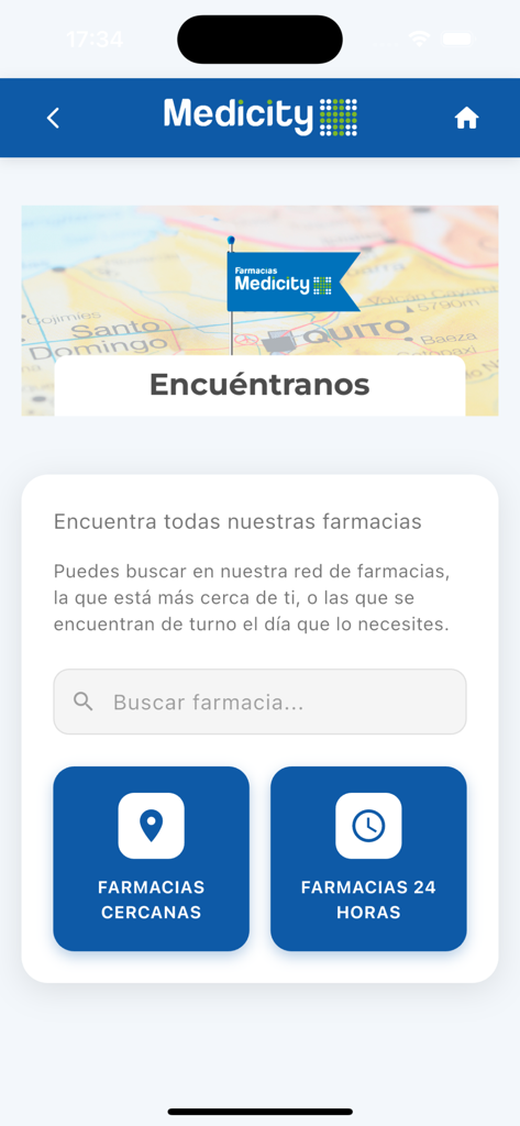 Tu App Farmacia - Medicity app screen to find nearby and 24 hour pharmacies