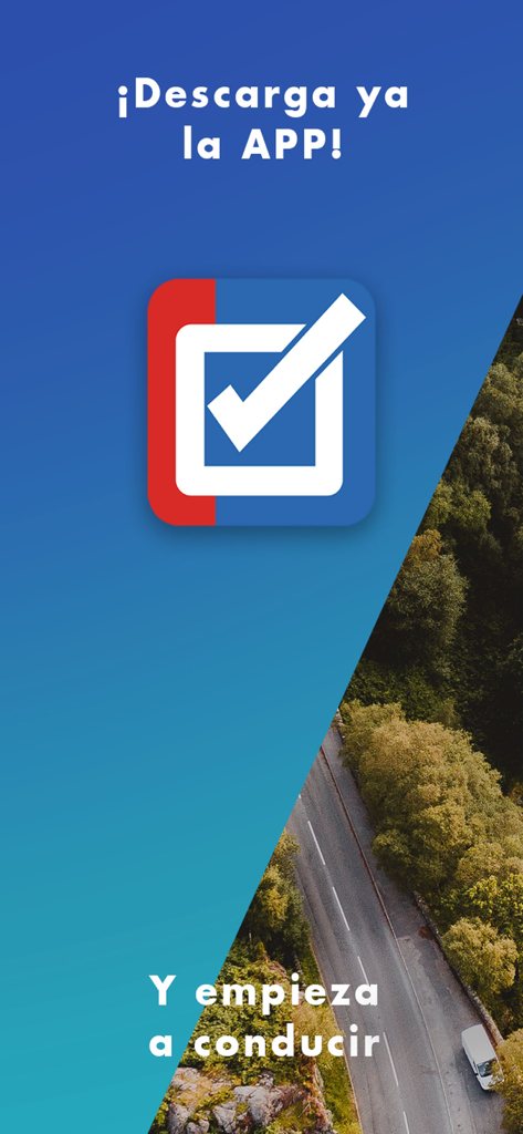 PracticaTest app download screen featuring a checkmark icon and an aerial road view for Chilean driving exam preparation