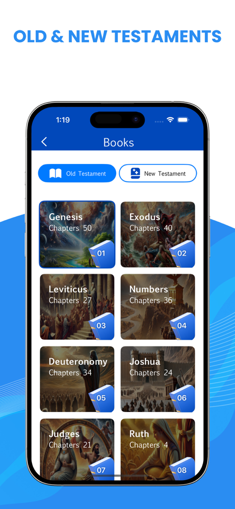 Amplified Bible - Interfaz de la aplicación Biblia Amplificada mostrando una lista de libros del Antiguo Testamento incluyendo Génesis y Éxodo