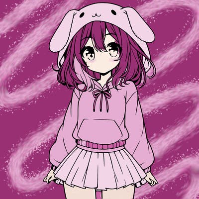 pretty anime girl wearing a fluffy hoodie with bunny ears on the hood and a skirt