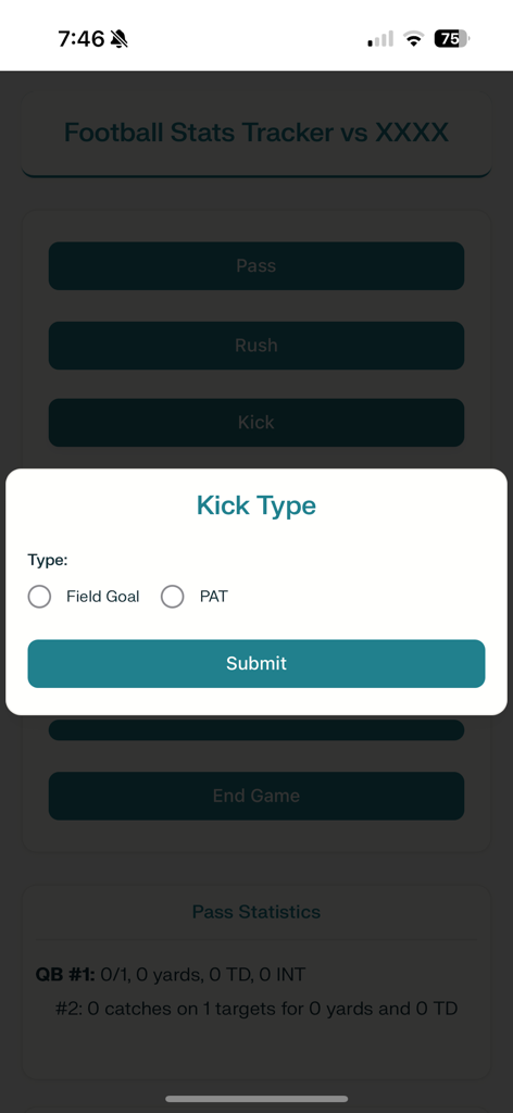 Football Stat Tracker Pro app popup for selecting Field Goal or PAT kick types