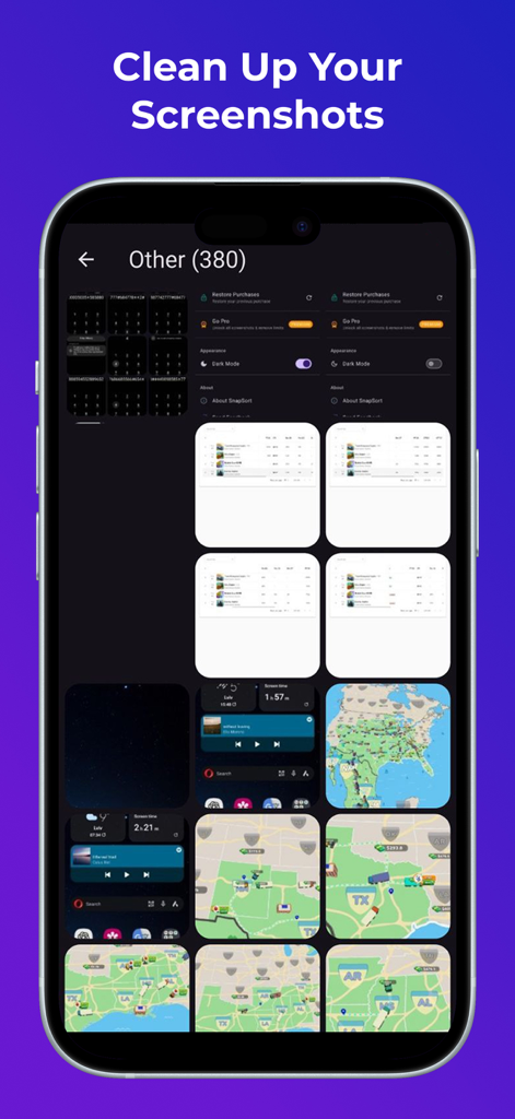 SnapSort app interface displaying an organized gallery of user screenshots