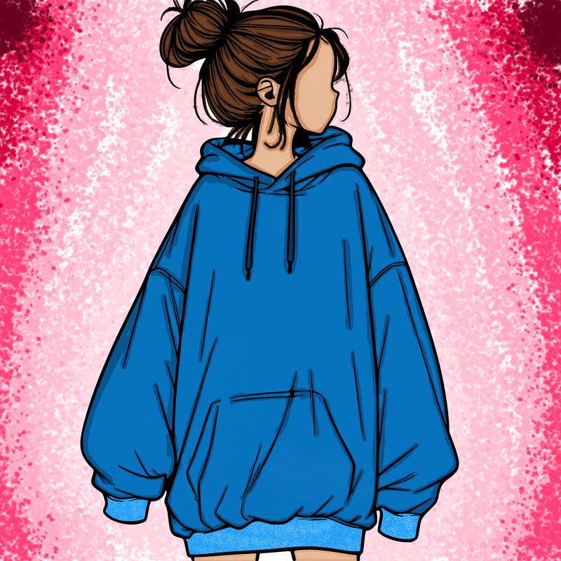 realistic girl with a oversized sweatshirt on and a bun