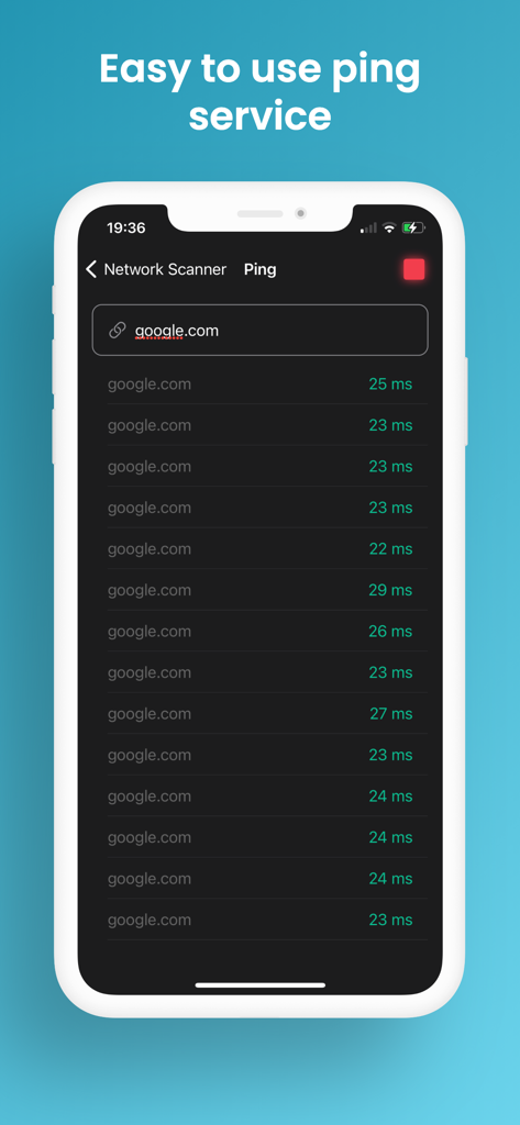 Una interfaz móvil de la app NetScan que muestra una prueba de servicio de ping en tiempo real de la latencia para google punto com