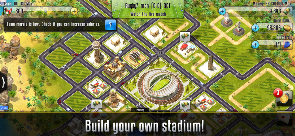 Top down view of the stadium and facility construction interface in Rugby Sevens Manager