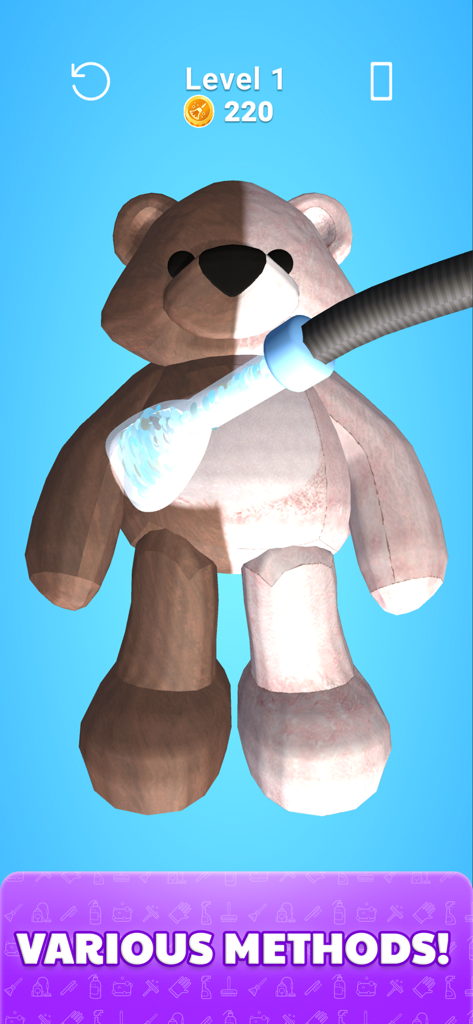 Un oso de peluche 3D siendo limpiado en el juego móvil Deep Clean Inc