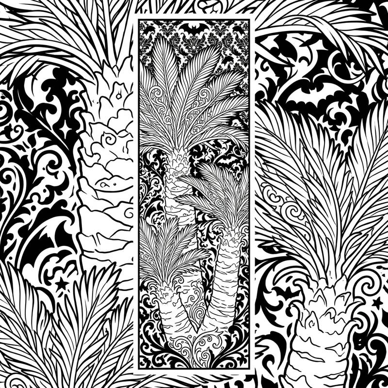 Unleash your creativity with this unique Gothic Cycad bookmark coloring page, blending ancient flora with dark elegance. Its intricate details and ornate background promise a captivating coloring experience for adults and teens.