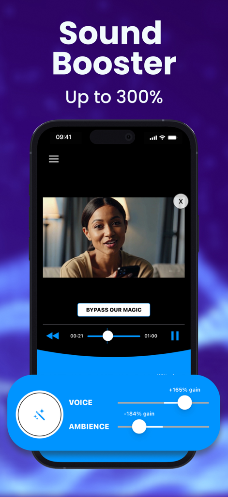 Audio Cleaner: Volume Booster - Smartphone interface of Audio Cleaner app showing sound booster up to 300 percent with voice and ambience gain controls