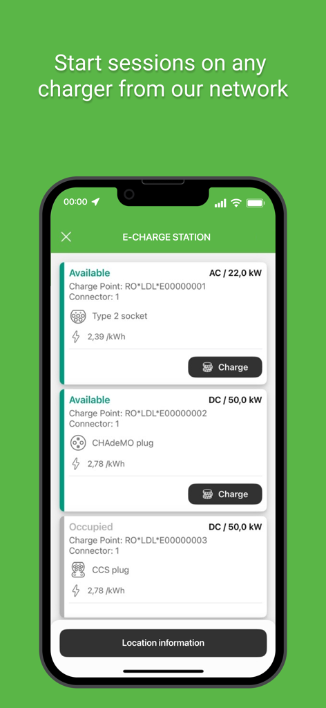 e-charge - Echarge mobile app interface displaying real time availability and connector types for electric vehicle charging stations