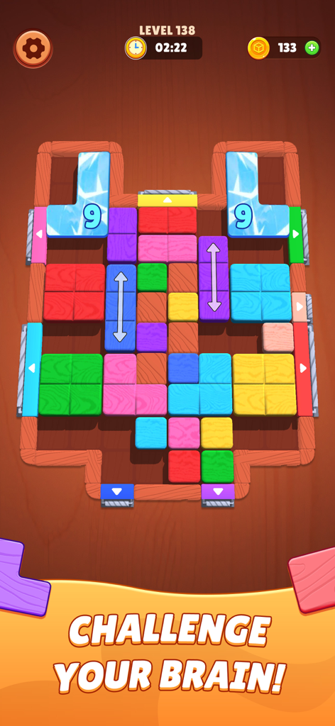 Screw Block Escape - A colorful wooden sliding block puzzle level in the Screw Block Escape mobile game with the text Challenge Your Brain.