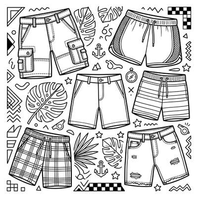 Dive into the world of men's fashion with this exciting coloring page featuring a variety of shorts designs. From rugged cargo to comfy athletic styles, there's a pair for every taste waiting for your creative touch.