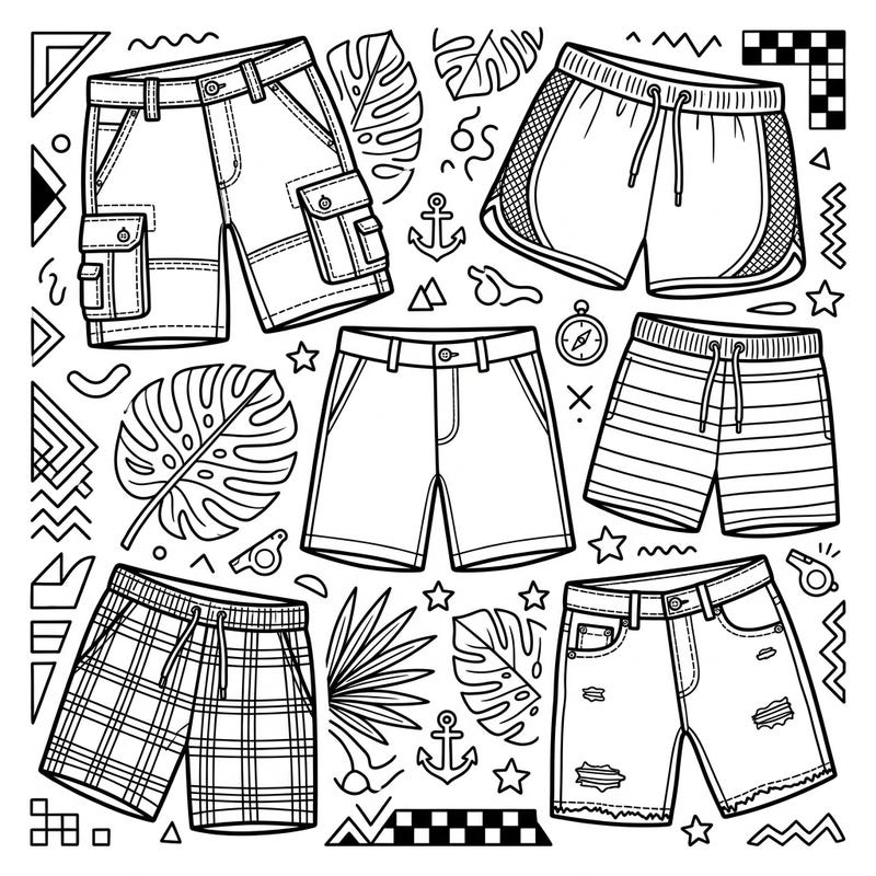 Dive into the world of men's fashion with this exciting coloring page featuring a variety of shorts designs. From rugged cargo to comfy athletic styles, there's a pair for every taste waiting for your creative touch.