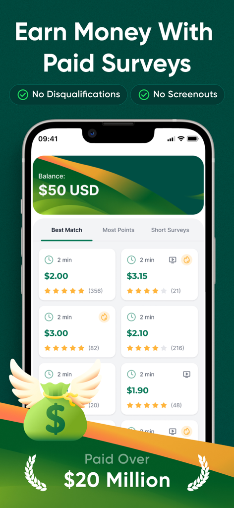 TopSurveys app interface displaying a fifty dollar balance and available paid surveys with no disqualifications.