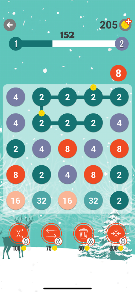 248 Number Connect gameplay screen with a winter theme showing connected number dots on a grid