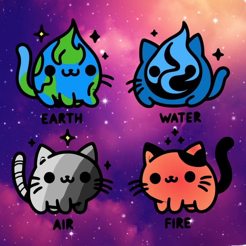 4 cats that represent the different elements, earth, water, air, and fire