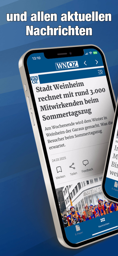 WNOZ - Ein Smartphone zeigt einen Nachrichtenartikel aus der WNOZ-App über die Stadt Weinheim mit einem traditionellen Paradebild.