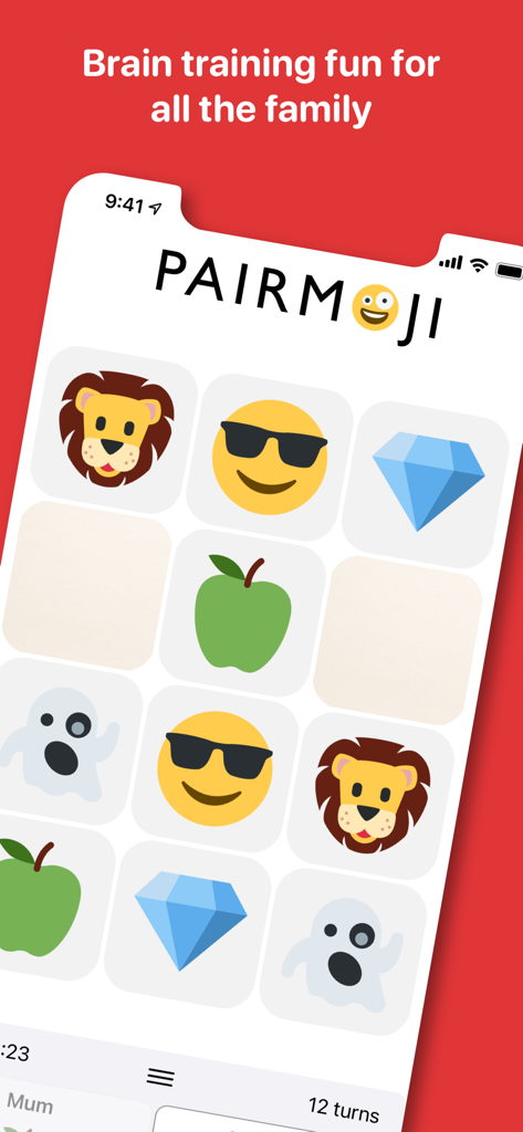 Pairmoji app gameplay screen showing a grid of emoji cards for memory matching with the text brain training fun for all the family.
