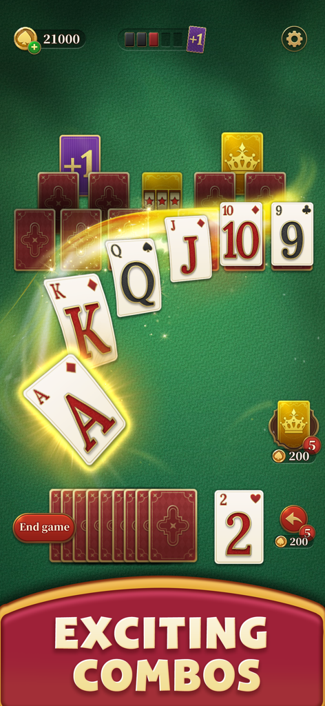 Solitaire Royalty: Happy Cards - Eine Folge von Spielkarten, die eine aufregende Kombination mit leuchtenden Effekten in Solitaire Royalty bilden