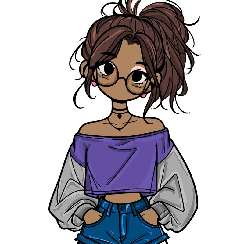 girl with a messy ponytail glasses a baggy crop top and jean shorts