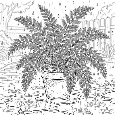 Immerse yourself in the calming beauty of a potted Asparagus Fern enjoying a gentle rain shower with this intricate coloring page. Experience the tranquil atmosphere of a rainy day right at your fingertips.
