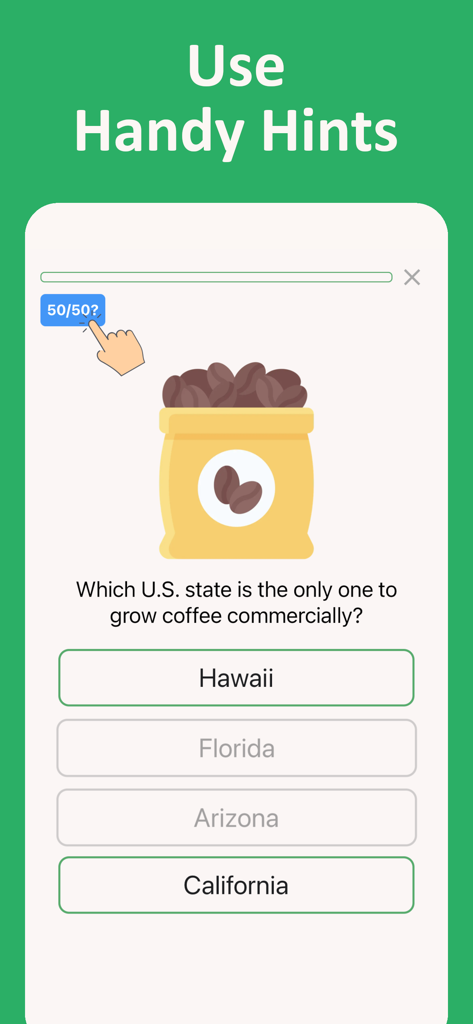 A trivia question in the US States quiz app showing the use of a fifty-fifty hint button
