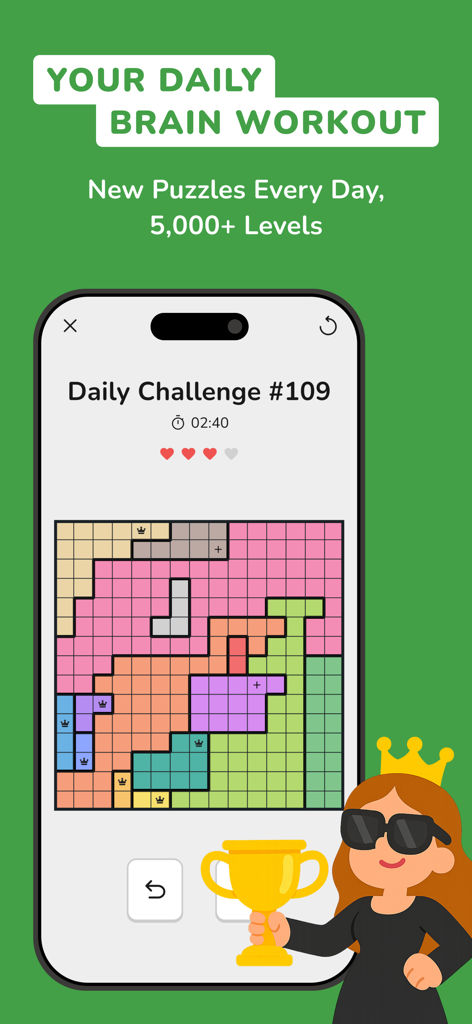 Queens: Board Puzzle Games - Pantalla de desafío diario del juego Queens Board Puzzle mostrando una cuadrícula de lógica y un personaje de reina sosteniendo un trofeo