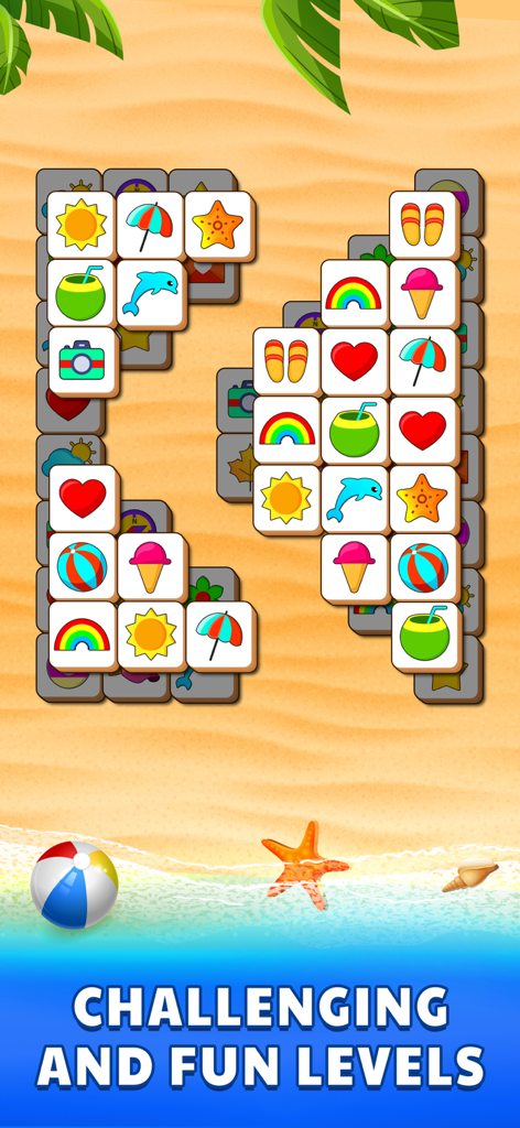 Tile Puzzle Game: Tiles Match - Un jeu de puzzle d'association de tuiles avec des niveaux sur le thème de la plage et des icônes colorées sur un fond sablonneux.