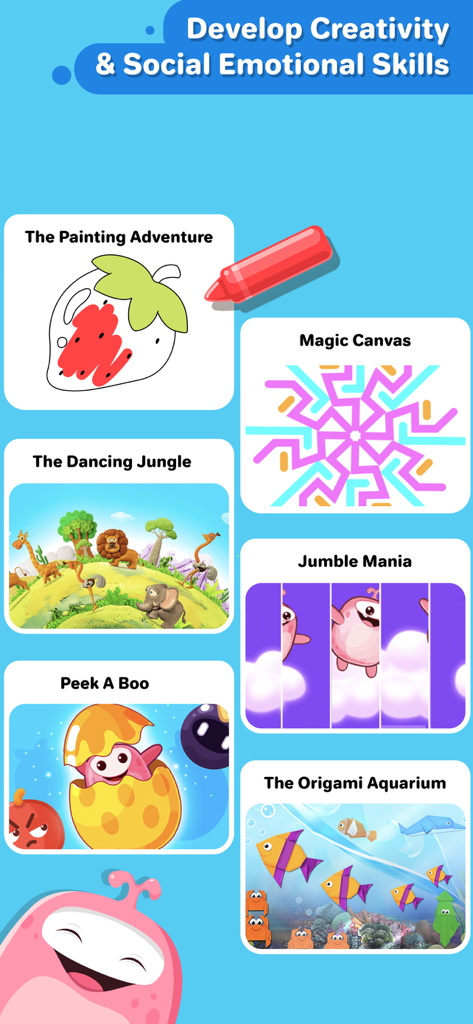 Splash Jr: PreK & Kindergarten - A collection of preschool educational activities in Splash Jr including painting, puzzles, and an origami aquarium.