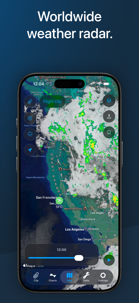 StationWeather - METAR and TAF - Smartphone-Bildschirm mit einer detaillierten Luftfahrtwetter-Radar-Karte für die Flugplanung.