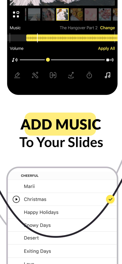Mobile app interface showing music track selection for photo slideshows