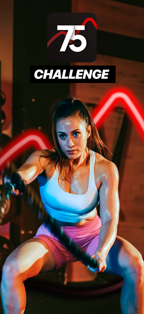 75 Day Challenge - Hard & Soft - A woman performing a battle rope workout for the 75 Day Challenge mobile fitness app