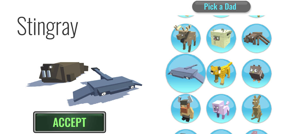 Hybrid Animals - Una pantalla de selección de animales de polígono bajo en Hybrid Animals para mezclar criaturas.