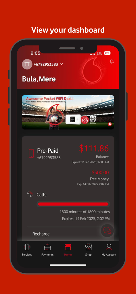 My Vodafone Fiji - My Vodafone Fiji app dashboard showing prepaid balance, free money, and call usage statistics