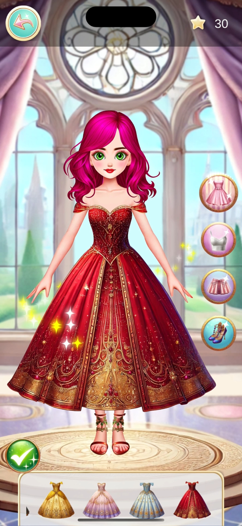 Princess- Make Over - Una princesa con cabello rosa vistiendo un brillante vestido real rojo y dorado en una pantalla de disfraces de palacio.