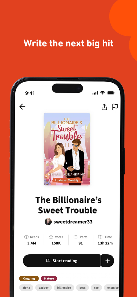 Wattpad - Read & Write Stories - Interfaz de la aplicación móvil Wattpad que muestra una historia de romance titulada The Billionaire's Sweet Trouble con estadísticas de lectura y etiquetas