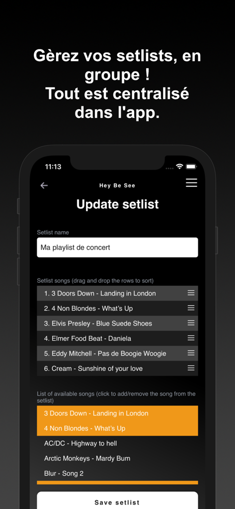 Setlist Live - Interface of the Setlist Live app showing a user organizing a song list for a concert setlist