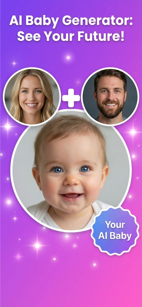 Baby Generator AI - Future - Aplicación Baby Generator AI mostrando un futuro bebé predicho a partir de fotos de dos padres.